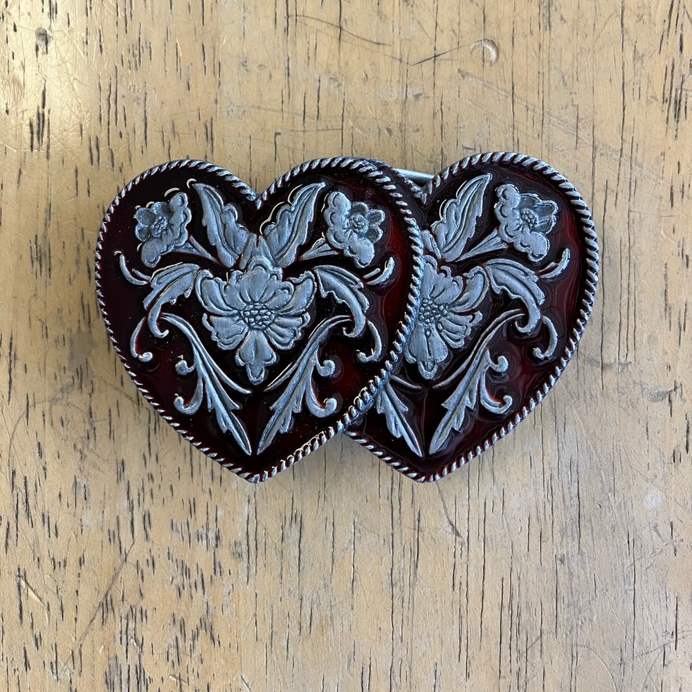 Ladies double heart belt buckle, red enamel and pewter